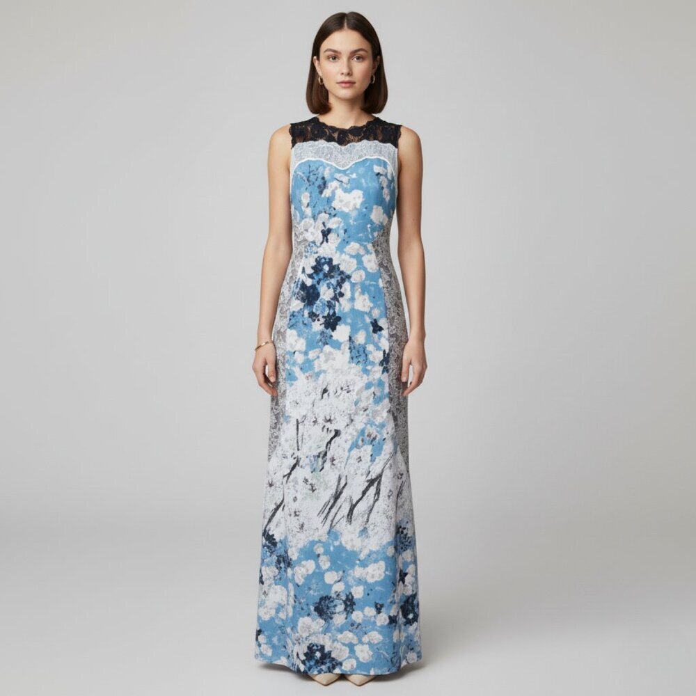 BCBGMAXAZRIA Womens 6 Tahiti Blue Combo Provence Sleeveless Open-Back Gown Maxi